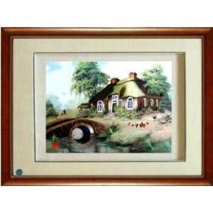  Framed Chinese Silk Embroidery: Country Scenery 18.5x22.5 