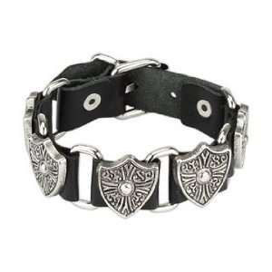 Black Leather Chain Link Bracelet with Royal Shields   Length 7.28 8 