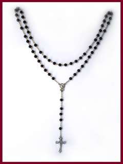 ROSARY CROSS BLACK GLASS BEAD CHAIN NECKLACE ROUNDSHAPE  
