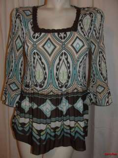   Size M 8/10 Blue Brown Lime Crinkle 3/4 Sleeve Blouse Shirt Top  