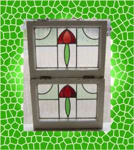Pair of Antique Stained Glass Windows Ruby Tulips  