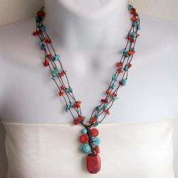 Cotton Rope Coral and Turquoise Stone Necklace (Thailand)   
