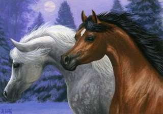 Arabian horses misty winter moon limited edition aceo print art  