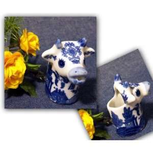BLUE WILLOW FANCY PORCELAIN COW CREAMER:  Kitchen & Dining