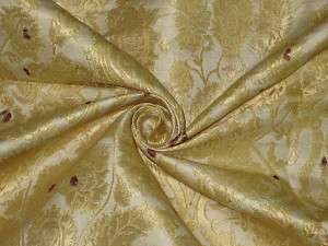 Pure Heavy Silk Brocade Fabric Metalic Gold,Red & Cream  