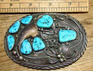 BIG OLD PAWN NATIVE WESTERN STERLING SILVER TURQUOISE CLAW BELT BUCKLE 