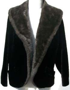 Vtg Sheared Chenille/Velvet Jacket/Coat w/Faux Fur Collar Black & Gray 