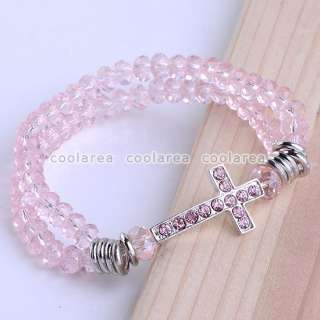   2Rows Crystal Glass Beads Woven Cross Stretchy Bracelet Friendship 7L