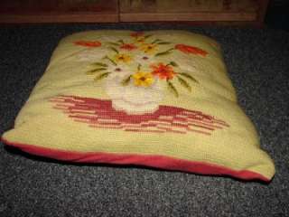   Antique Beautiful Needlepoint Throw Pillow With Bouquet Flowers  