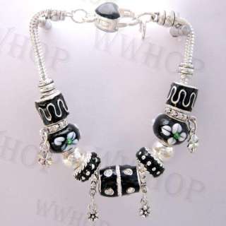 European Charms Bracelet Black Lampwork Beads cp039  