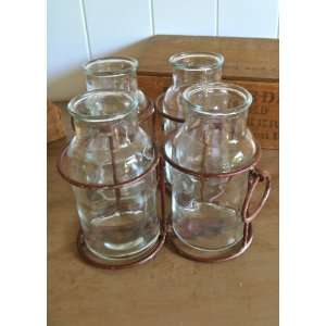  Rustic Set of 4 Jars in Metal Rack   5 X 2.5 Glass Jars 