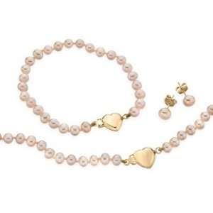   of Pink Cultured Pearl and 14K Gold Earrings, Necklace and Bracelet