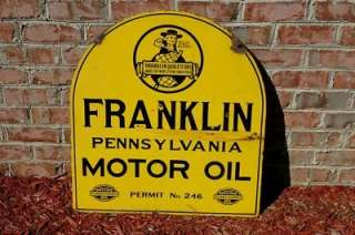 VINTAGE 20s FRANKLIN MOTOR OIL COMPANY 2 SIDED PORCELAIN SIGN W/ BEN 