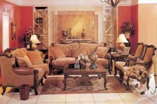 French Tapestry Fabric ( Gold & Brown ) Sofa Set Dark Wood Carved Trim 