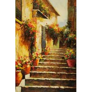  Landscape Mediterranean Courtyard, Hand Painted Oil Canvas 