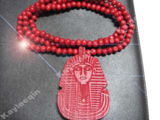Wooden Egypt Pharaoh King Tut Piece Pendant Wood Rosary Bead Chain 