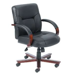  Boss Executive Leather Mid Back Chair W/ Mahogany Finished 