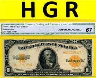 HGR 1922 $10 Gold Cert ((Grade Rarity)) CGA SUPERB GEM 67  