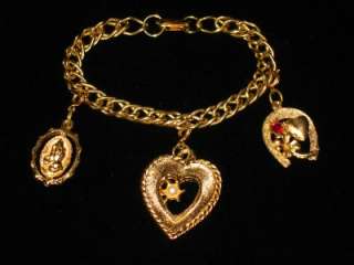 Vintage Gold Tone Rhinestone Lucky Clover & Heart Charm Bracelet 