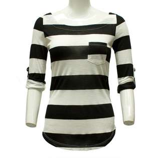 FBS Ladies Black White Striped Roll Up Button Sleeve Pocket Top at 