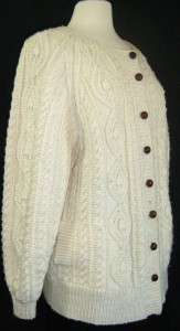   Fisherman Cable Knit Cardigan Sweater Jumper Leather Buttons L  