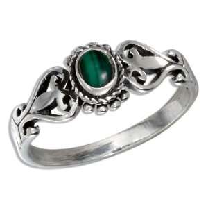   Sterling Silver Scroll Design Oval Malachite Ring (size 09): Jewelry