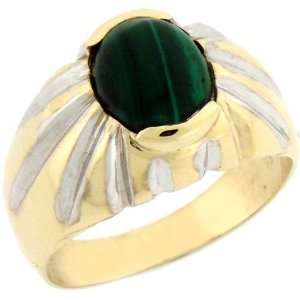  14K Solid Yellow Gold Oval Malachite Mens Ring: Jewelry