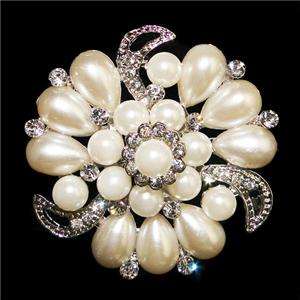 Bridal Pearl Flower Drop Brooch Pin Swarovski Crystal VTG Style  