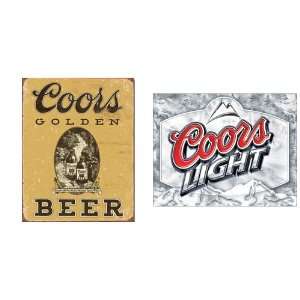  Coors Beer Tin Metal Sign Bundle   2 retro signs: Coors Golden Beer 