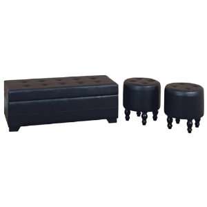   Designer Black Leather Ottoman Bench + 2 Footstool