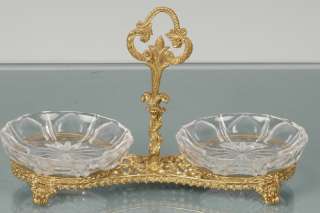 CRYSTAL CANDY DISHES & RELISH CONDIMENT ON BRASS STAND  