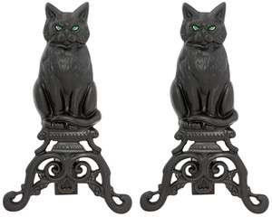Black Cast Iron Cat Andirons Reflective Glass Eyes  