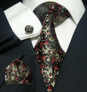 Black Red Paisleys Mens Silk Tie Set: Tie+Hanky+Cufflinks Exclusive 
