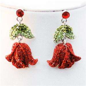 Red Flower Rose Necklace Earring Set Swarovski Crystal  