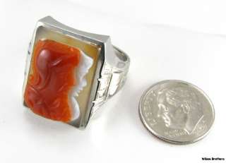 UNIQUE Carnelian & Agate DUAL CAMEO WARRIOR RING   10k Solid WHITE 