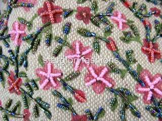 Beige Linen/Cotton Beaded Pink Small Flowers Hobo Bag  