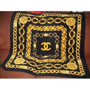  Chanel Scarf Chain Logo Gold & Black Silk 34 PARIS 