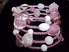   Pink & White Glass Bead 5 Loop Memory Wire Bangle Bracelet M 13