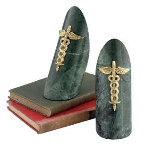  Marble Medical Bookend Pair with Brass Accents