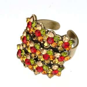  Wrap Ring Adorned with 3 Rows of Hand Painted Flowers, Red, Green 