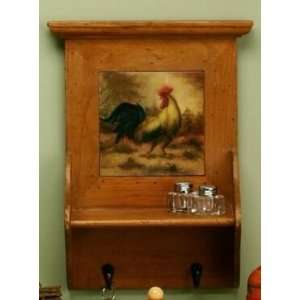Rooster Wood Wall Shelf with Hooks 