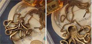Vintage Bronze Octopus Pendant Long Chain Necklace x80 great gift 