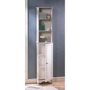 Shabby Cottage Chic white bathroom tall storage cabinet louvered 