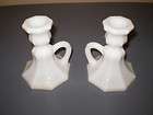   MILK OPAQUE WHITE GLASS PAIR OF CANDLE STICK HOLDERS FINGER LOOP