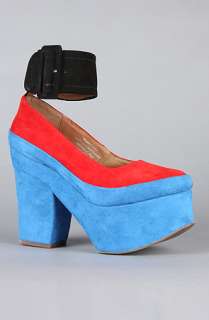 Jeffrey Campbell The Boop D Doo Shoe in Red Black and Blue Suede 