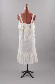   70s White Cotton Sheer Eyelet Lace Bust RUFFLE Romantic Boho DRESS L