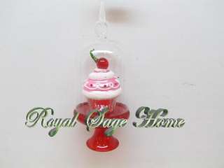 Cherry Topped Cup Cake Dessert Covered Dome Stand Glass Christmas 