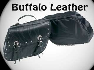 2pc Black Buffalo Leather Motorcycle Saddle Bag Set with Studs Luggage 