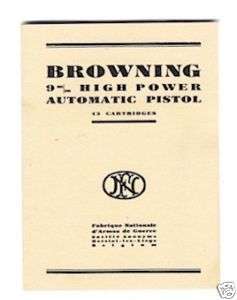 BROWNING 9mm High Power Automatic Pistol Gun Manual  