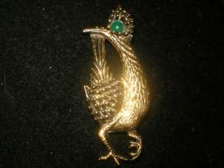 Vintage GREEN CABOCHON sign AMBASSADOR BIRD Brooch Pin  
